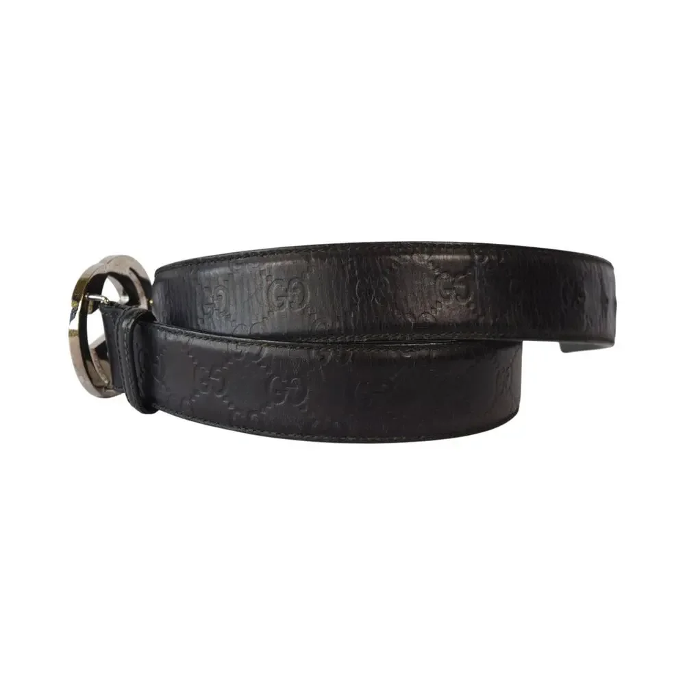 Gucci GG Monogram Black Leather Belt Silver Buckle Italy